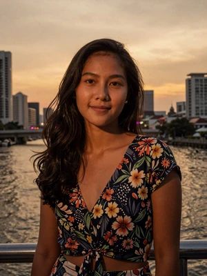Mae, 25, Thai woman from Bangkok by riverfront at sunset