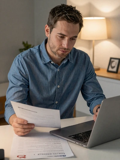 Man carefully reviewing Asian dating profiles on laptop at home desk