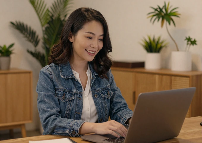 Chinese-Malaysian woman video chatting with her partner on a laptop in a modern Kuala Lumpur apartment