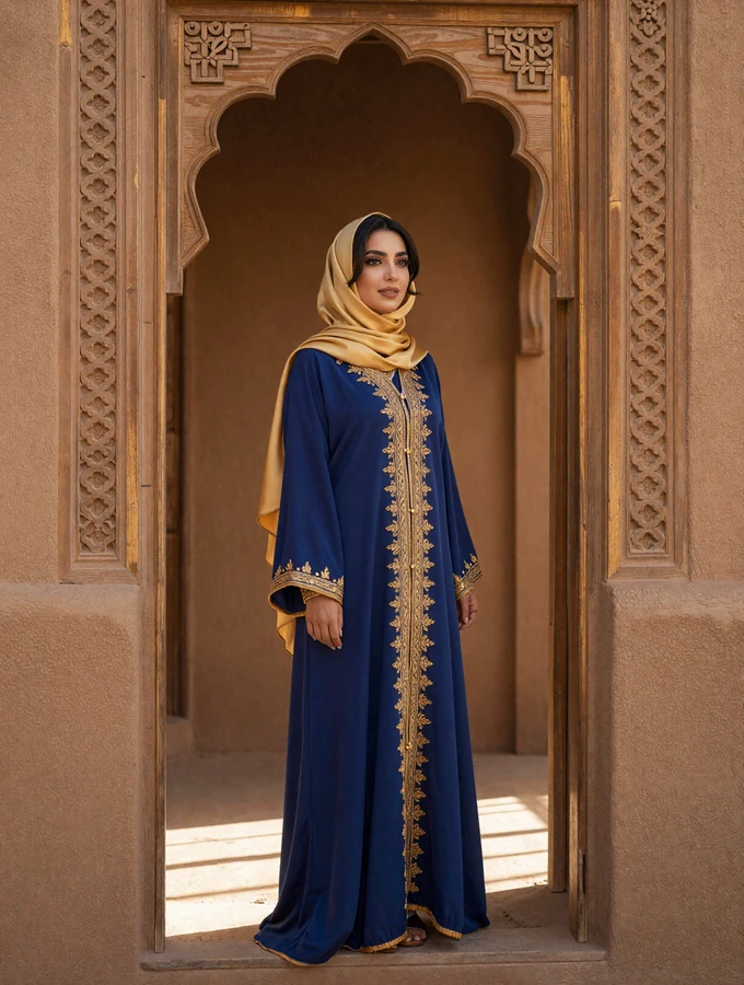 Elegant Yemeni woman in traditional embroidered dress standing in ornate doorway of a Yemeni tower house with golden light