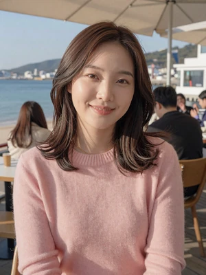 Yuna, 27, Korean woman from Busan smiling at seaside cafe