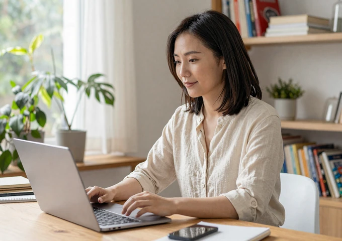 Taiwanese woman video chatting with her partner on laptop in a bright modern apartment with books and plants