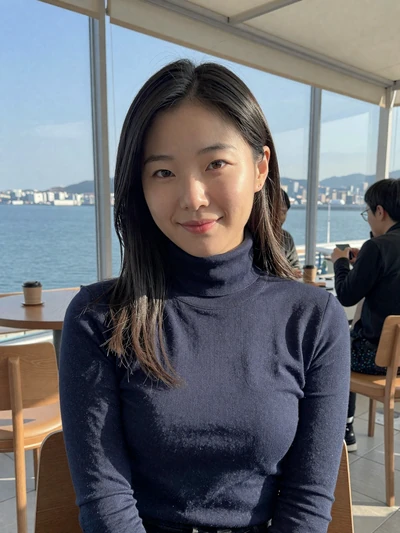 Mina, 30, Korean woman from Busan in ocean-view cafe