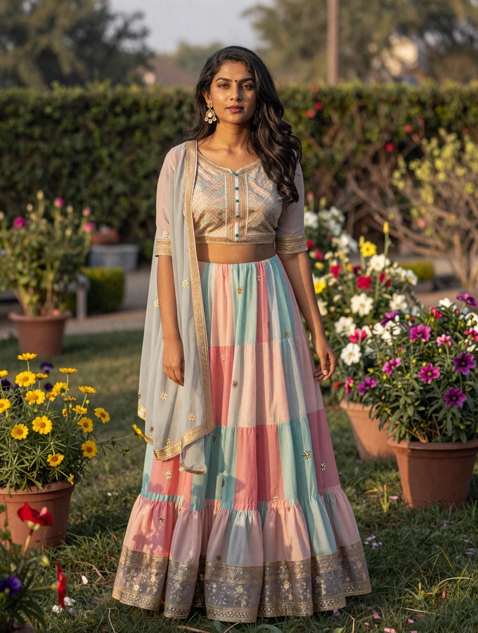 Elegant Indian woman wearing a modern fusion outfit in a colorful blooming garden