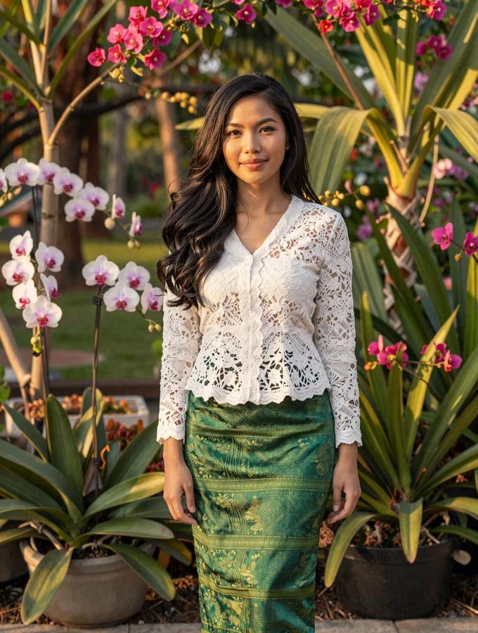Elegant Burmese woman in white blouse and green longyi standing in a tropical garden with orchids and golden light