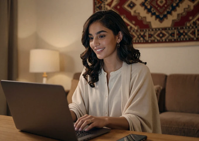 Afghan woman video chatting with her partner on a laptop in a modern living room with Afghan cultural decor