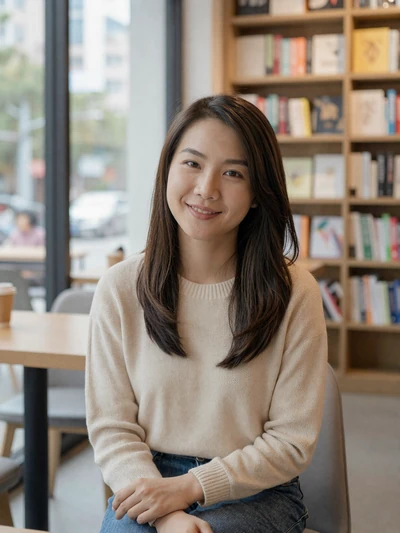 Asian woman smiling warmly in a cozy bookshop cafe setting