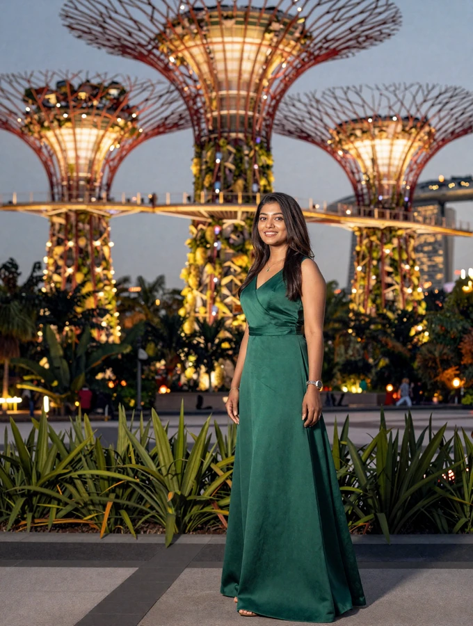 Elegant Singaporean woman in Gardens by the Bay with Supertree Grove illuminated at dusk
