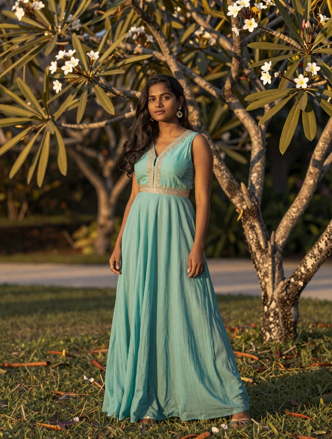 Elegant Maldivian woman wearing a turquoise traditional dress in a tropical garden