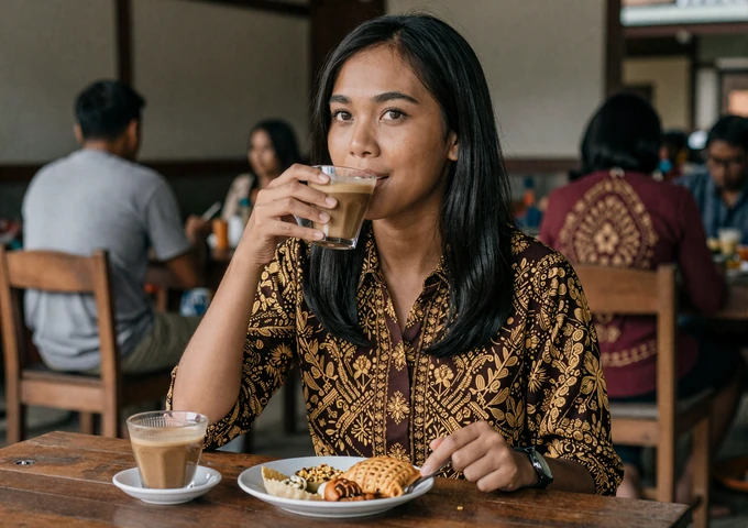 Indonesian woman enjoying traditional Javanese coffee in a cozy warung setting