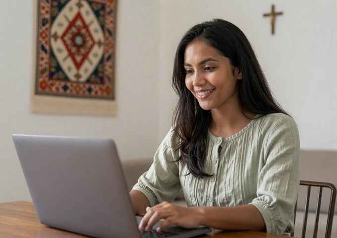 Timorese woman video chatting with her partner on a laptop in a modern living room with tais textile wall decor