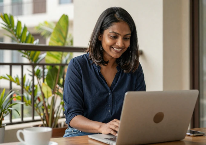 Sri Lankan woman video chatting from her modern Colombo apartment with tropical plants