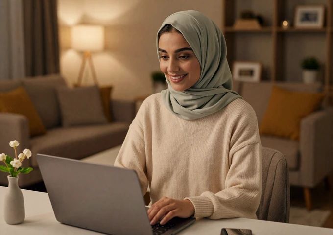 Yemeni woman video chatting with her partner on a laptop in a modern living room with jasmine flowers