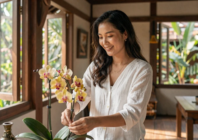 Thai woman arranging fresh orchids in a traditional wooden home with warm natural light