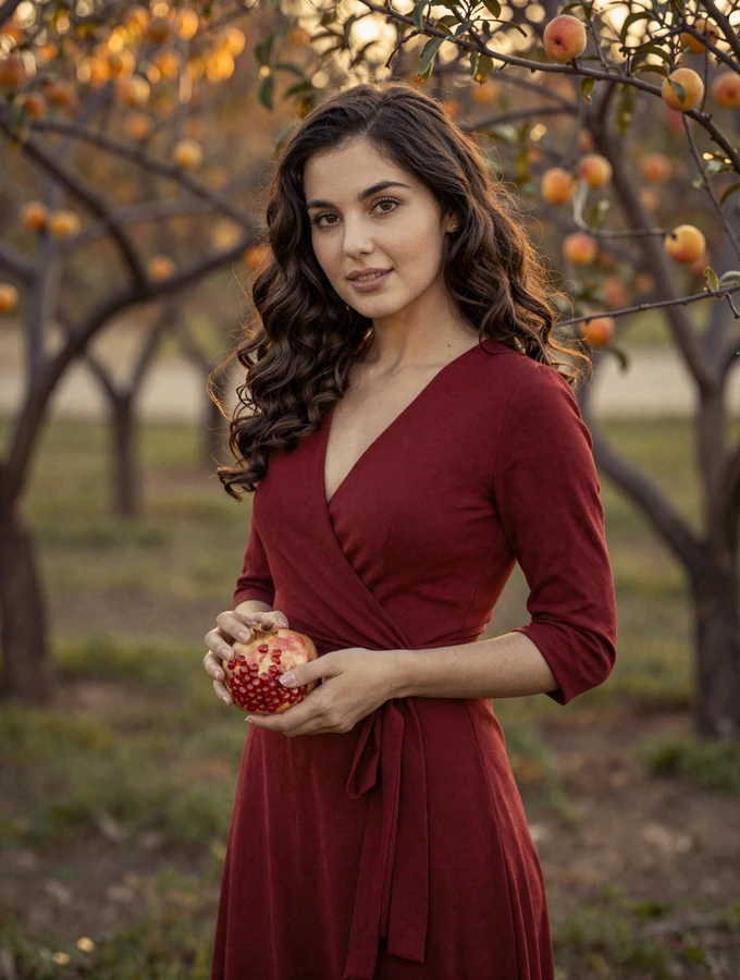Elegant Armenian woman in red dress holding a pomegranate in a blooming garden with golden light