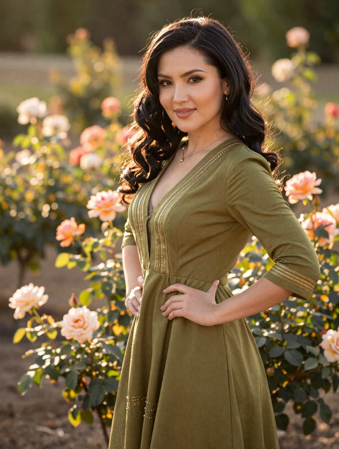 Elegant Kazakh woman wearing olive green dress with gold details standing in a blooming garden in golden afternoon light