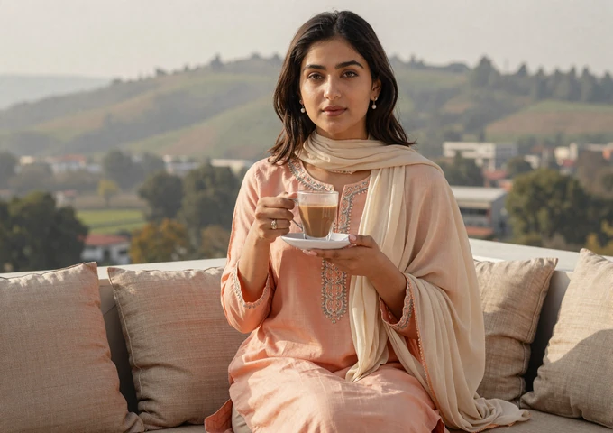 Pakistani woman enjoying chai tea on a balcony with Islamabad hills in the background