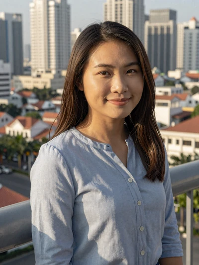 Linh, 27, Vietnamese woman from Ho Chi Minh City smiling on balcony