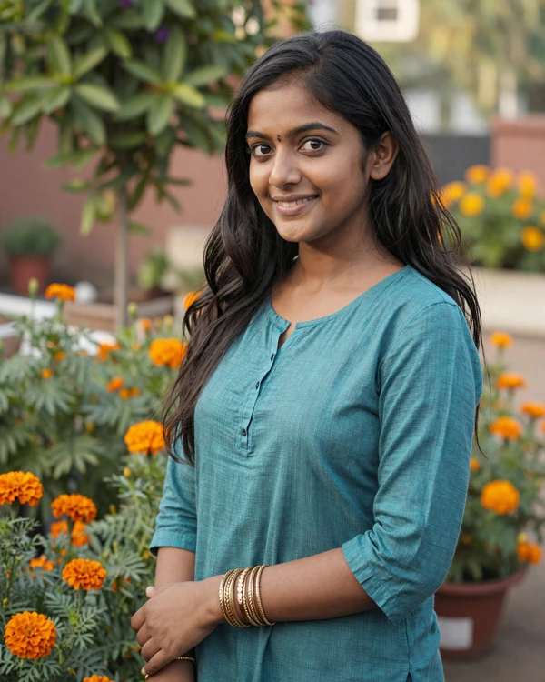 South Asian woman smiling in a garden - Indian singles available on HBDragons