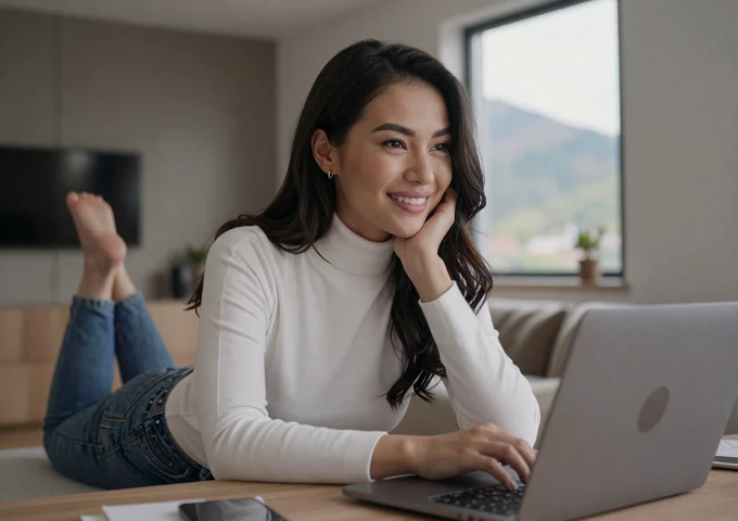 Kazakh woman video chatting on laptop in a modern Almaty apartment with mountain view