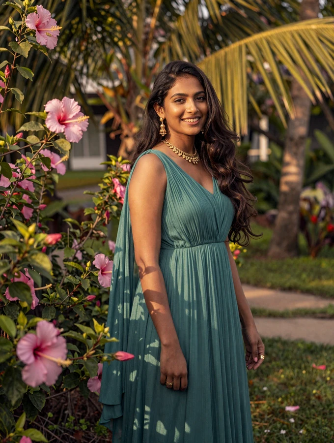 Indian-Malaysian woman in elegant teal dress surrounded by tropical hibiscus flowers in a Malaysian garden