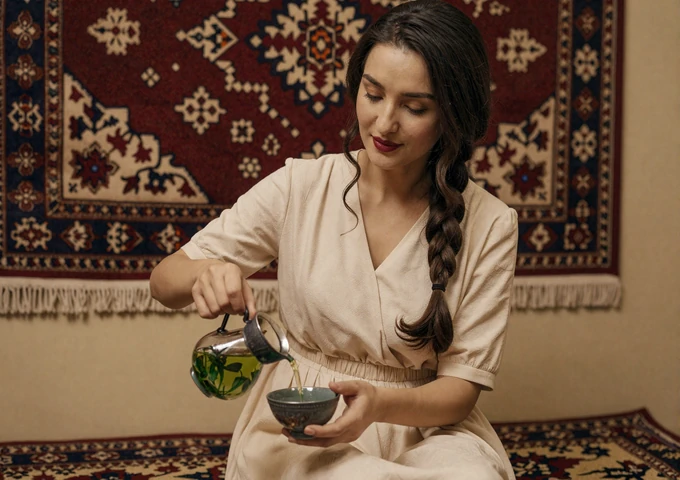 Turkmen woman serving traditional green tea in a room decorated with handwoven Turkmen carpet