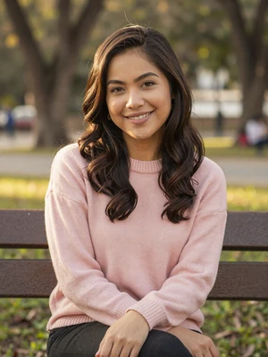 Katrina, 25, Filipina woman from Manila on park bench in golden light