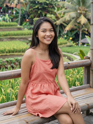 Rani, 24, Indonesian woman from Bali at tropical rice terrace cafe
