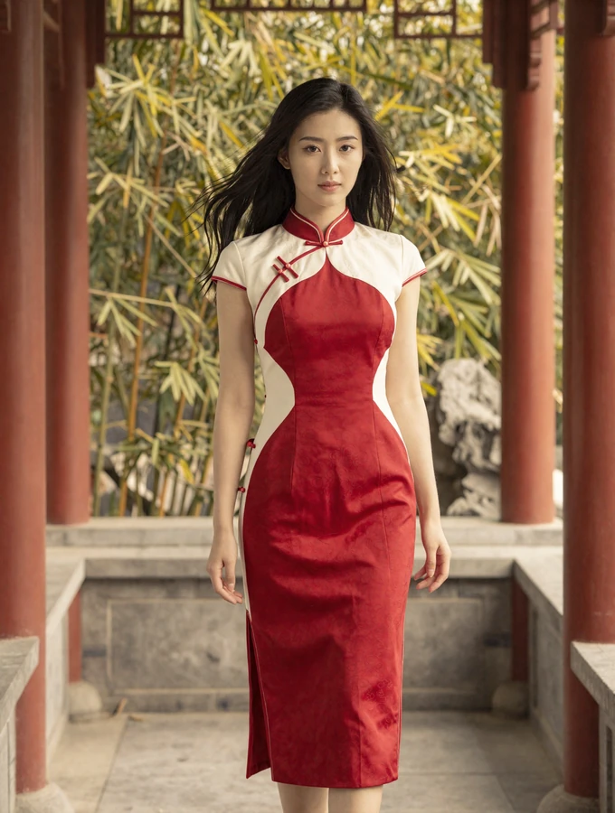 Elegant Chinese woman wearing a modern qipao dress in a traditional garden setting