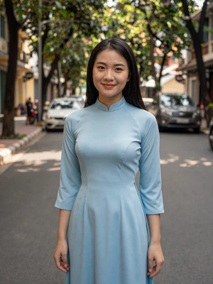 Linh, 24, Vietnamese woman from Ho Chi Minh City on tree-lined street