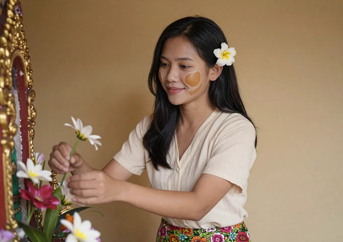 Burmese woman wearing thanaka paste on cheeks arranging jasmine flowers at a Buddhist home shrine in warm light