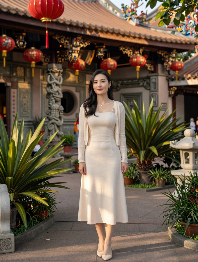 Elegant Taiwanese woman in a cream dress standing in a traditional temple garden with red lanterns and tropical plants