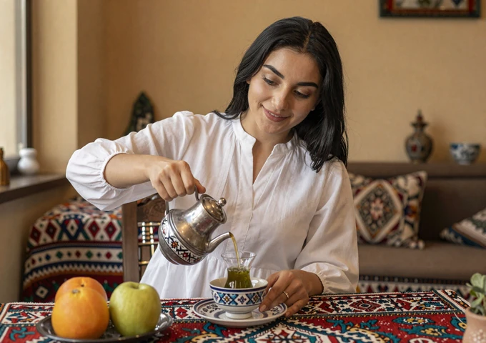 Uzbek woman in modern embroidered dress pouring traditional green tea at a beautifully set table with Uzbek patterned cloth and fresh fruit