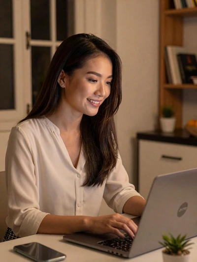 Vietnamese woman smiling during evening video call with long distance partner