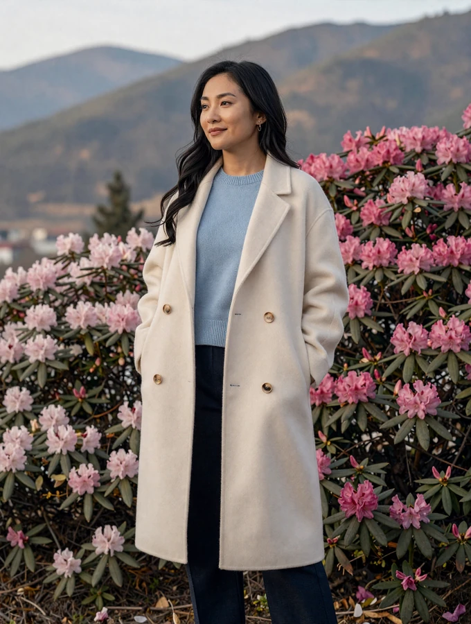 Elegant Bhutanese woman in stylish modern clothing standing in a mountain garden with rhododendrons