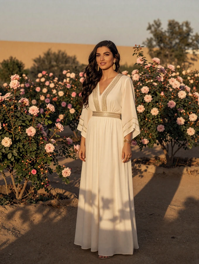 Elegant Turkmen woman in modern attire standing in a garden with golden sunset light