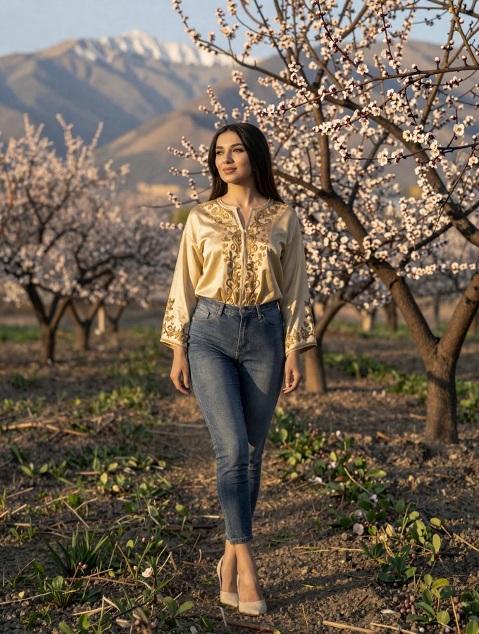 Elegant Tajik woman wearing modern embroidered tunic in a blooming apricot orchard with mountain backdrop