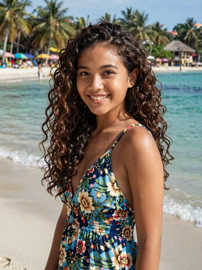 Rina, 23, Filipina woman from Cebu smiling near the turquoise beachfront