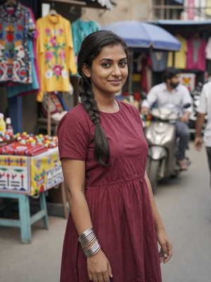 Devi, 26, Indian woman from Delhi at a colorful market street