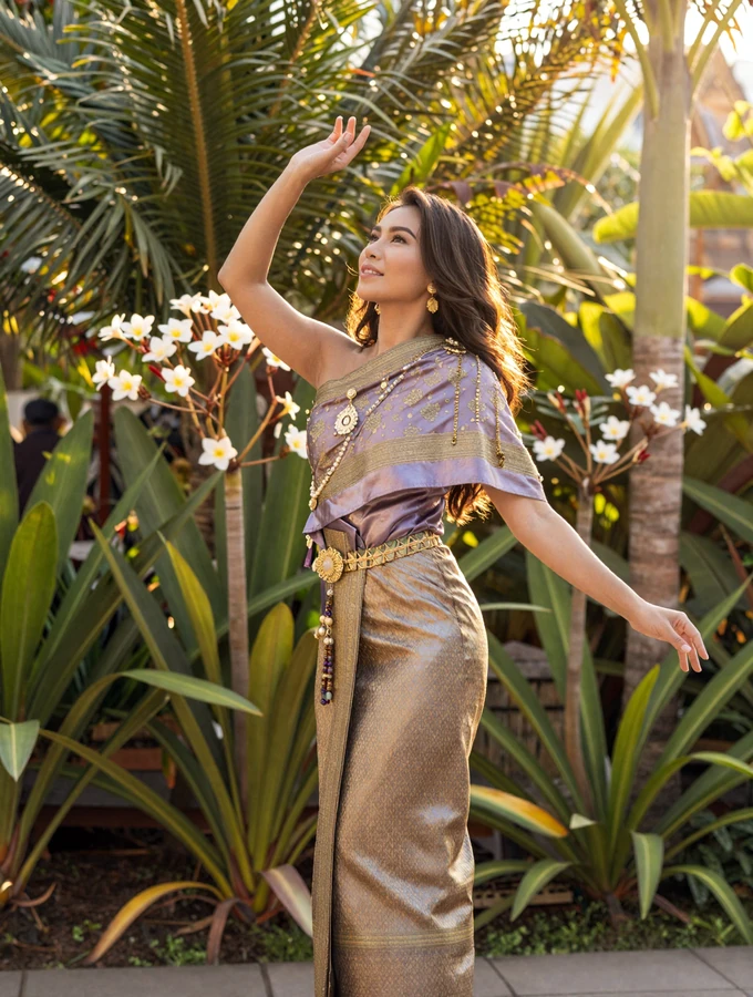 Elegant Thai woman wearing traditional Thai silk outfit in a lush tropical garden at golden hour