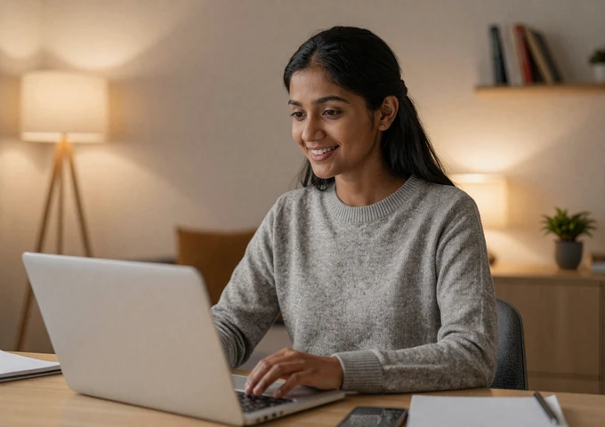 Nepali woman on a video call with her partner from her modern Kathmandu apartment