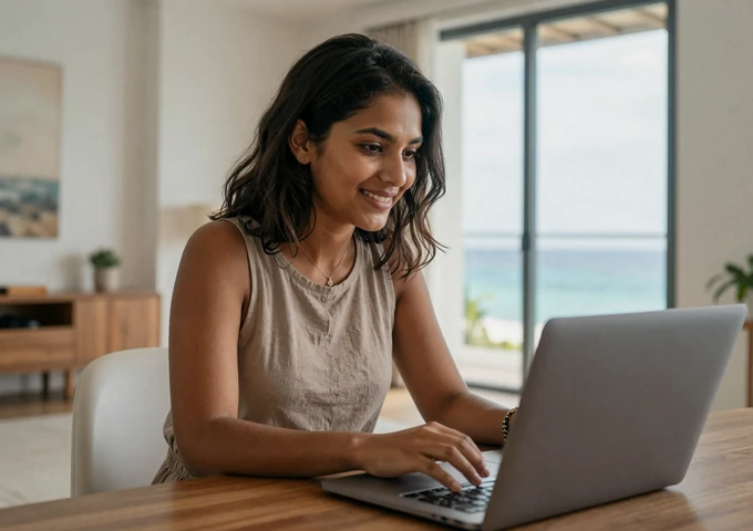 Maldivian woman video chatting with her partner from her modern apartment in Malé