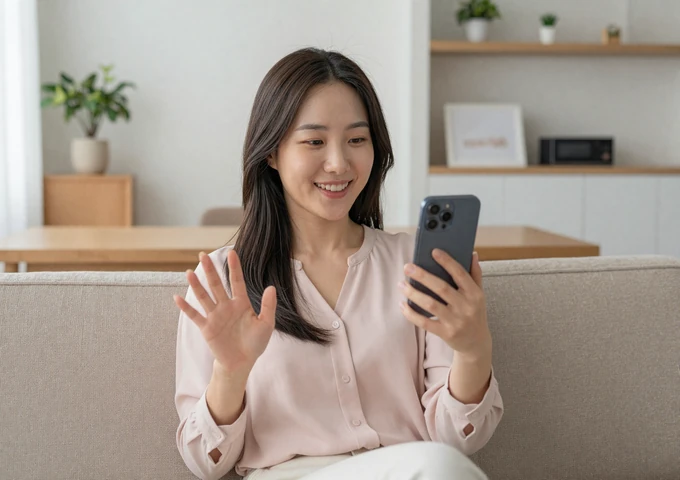 Korean woman video chatting with her partner from her modern Seoul apartment