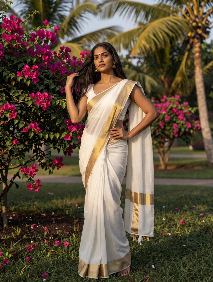 Elegant Sri Lankan woman wearing a traditional white saree with gold border in a tropical garden