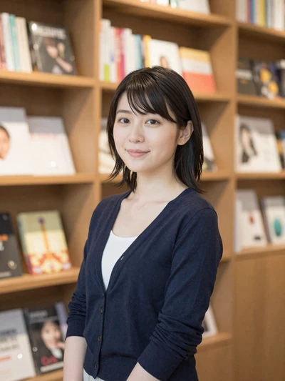 Sakura, 28, Japanese woman from Tokyo in a modern bookshop
