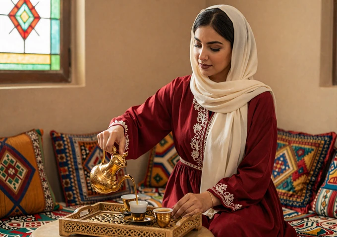 Yemeni woman in traditional embroidered dress serving traditional coffee in a warmly decorated mafraj room with stained glass windows