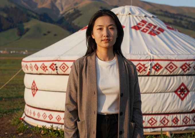 Kyrgyz woman standing beside a traditional yurt with colorful shyrdak felt decorations in an alpine meadow