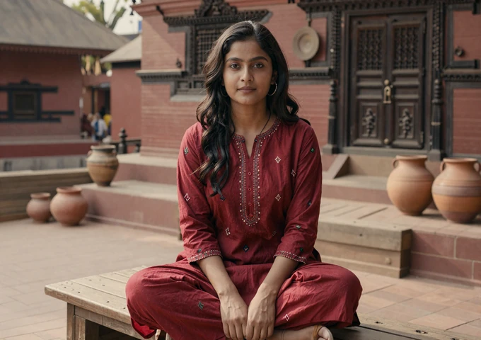 Nepali woman relaxing in a traditional Newari courtyard in Lalitpur Nepal