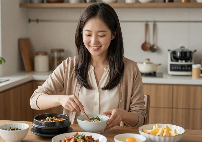 Korean diaspora woman preparing traditional Korean cuisine in a warm modern kitchen setting