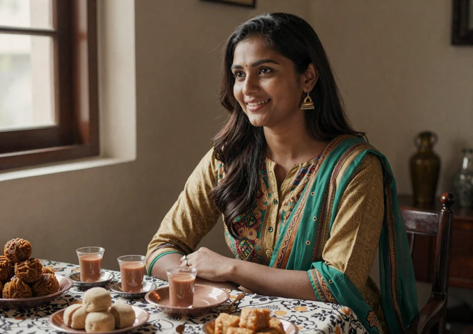 Bangladeshi woman enjoying traditional Bengali tea and sweets in a cozy home setting